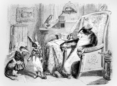The Cat, the Weasel and the Little Rabbit, illustration for 'Fables' of La Fontaine (1621-95), published by H. Fournier Aine, 1838 (engraving) 