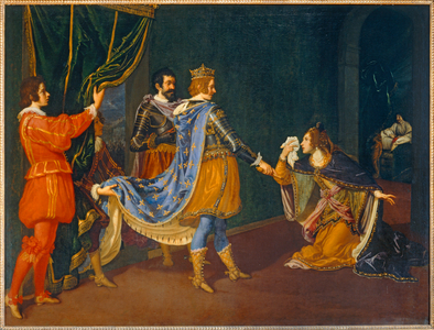 Isabelle d' Aragon implorant Charles VIII en faveur de son père, Alphonse, roi de Naples, et de son mari, Giovanni Galeazzo Sforza, duc de Milan …