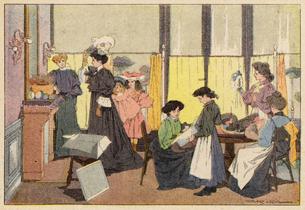 La Modiste, The Milliner (colour litho)