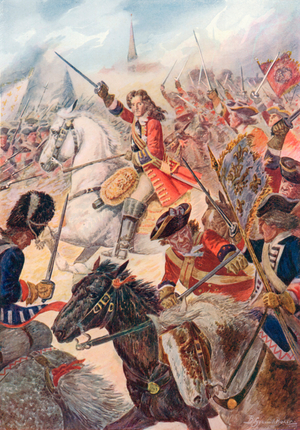 The Duke of Marlborough at the Battle of Ramillies, May 23rd, 1706 (colour litho)