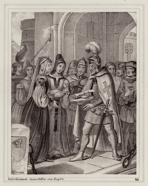 Margaret of Austria and her niece Gertrude claiming succession to Austria and Styria, 1246 (engraving)