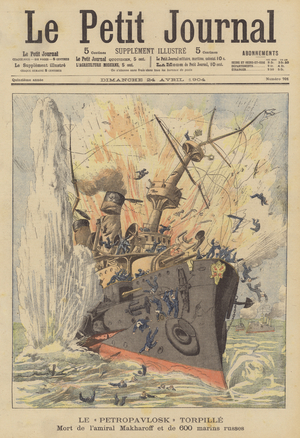 The sinking of the Russian battleship Petropavlovsk (colour litho)