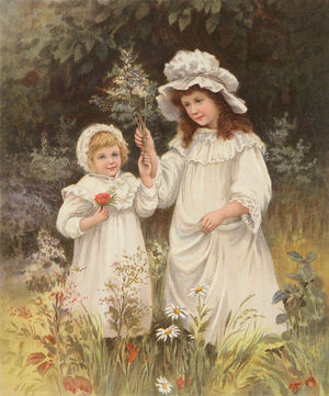 Girls picking flowers in a meadow (chromolitho)