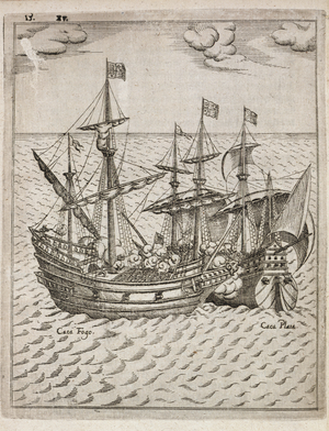 Capture of the the Spanish galleon the Cagafuego by the Golden Hind leaded by Francis Drake in march 1579 (engraving)