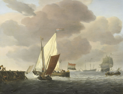 Ships near the Coast in windy Weather, 1650-1707 (oil on panel)