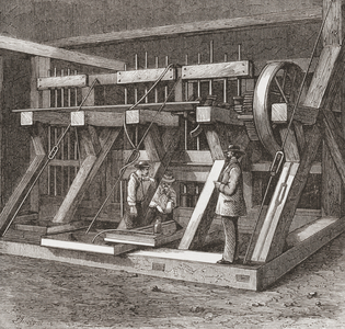 A gold quartz mill in the 19th century.   (print)