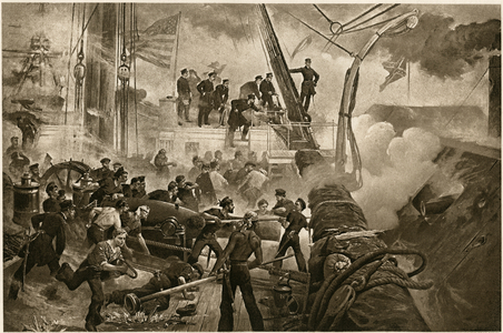 Farragut at Mobile Bay, American Civil War, August 5, 1864, Engraving by W. H. Overend