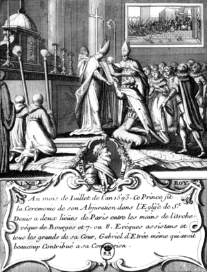 Abjuration of French Henri IV : converting to catholicism in St Denis abbey, France, on july 25, 1593, engraving