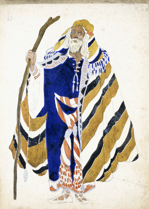 A costume design for a dancer in Suite Arabe, depicting an elderly man holding a staff,  (pencil and gouache on paper)