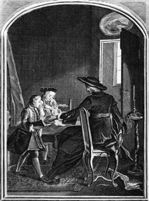 Children with a jesuit private tutor, 18th century, engraving