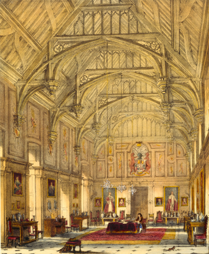 The Grand Hall, Biddington, Surrey, 1600, from 'Architecture of the Middle Ages', 1838 (colour litho)