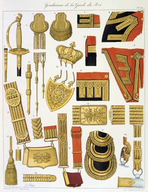 French military accoutrements of the royal guard. From Histoire de la maison militaire du Roi de 1814 a 1830 by Eugene Titeux, Paris, 1890.