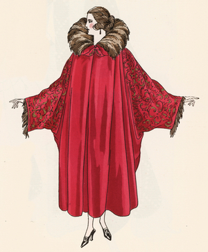 Women's evening cloak or coat by designer Jenny (Jenny Sacerdote) in the 1920s (colour litho)