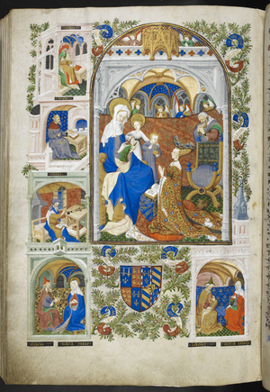 Add Ms 18850 f.257v, Anne, Duchess of Bedford at prayer before St. Anne, accompanied by the young Virgin and Christ, from Book of Hours (The Bedford Hours) c.1410-30 (ink, colour & gold on vellum)