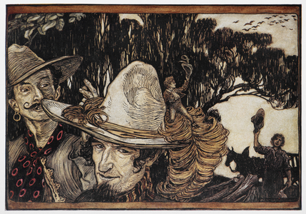 Tom Thumb sitting on the brim of a hat.