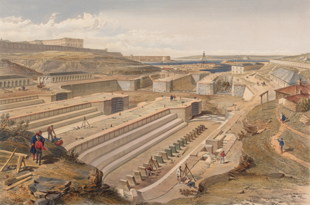 Docks at Sebastopol with ruins of Fort St Paul (colour litho)