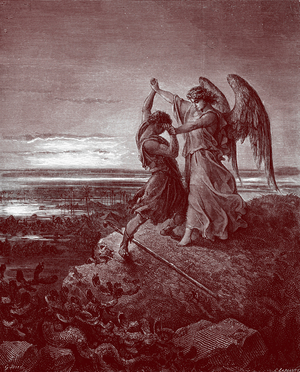 Jacob wrestling with the angel,  by Doré. - Bible
