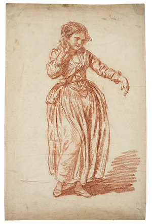Girl standing, right hand on the ear (sanguine on paper)
