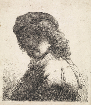 Rembrandt van Rijn in beret and scarf (pen and ink on paper)