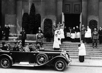 After the funeral service for Jozef Klemens Pilsudski Hitler leaves the St. Hedwig's Church with entourage (b/w photo)