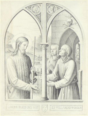 Christ meeting Konrad and Franz Eberhard, engraved by Johann Konrad Hekelmiller (fl.1837-38), c.1837 (litho)