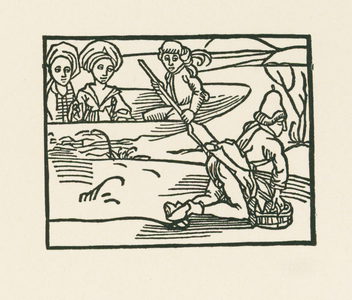 The duchess is in a boat on the water where the Priest is washing his undergarments, c.1489-90 (woodcut)