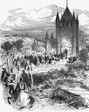 French king Philippe IV finding refuge at Temple tower in Paris during riot in 1298, engraving