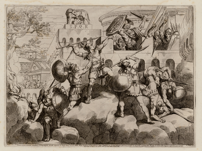 Romans defending the citadel against the Gauls after being warned by the Capitoline Geese, 390 BC (etching)