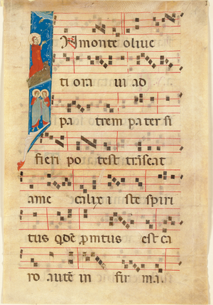 Agony in the Garden, historiated initial I on a leaf from an illuminated manuscript choir book (vellum)