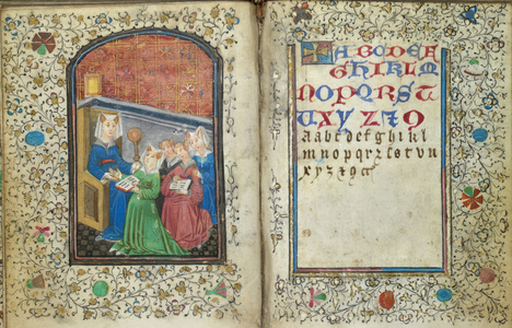 Left; a full-page miniature of a woman teaching a group of girls how to read, at the beginning of the alphabet. The teacher holds a ferule, a wooden paddle for striking students. Right; the beginning of the alphabet with a full border