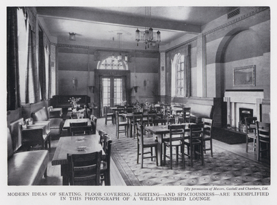 Modern Ideas of Seating, Floor Covering, Lighting, and Spaciousness, are exemplified in this Photograph of a Well-Furnished Lounge (b/w photo)