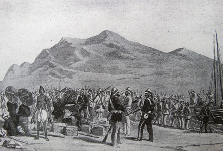 Engraving depicting the landing of British troops at Talien-Wan, 1860 (engraving)