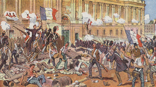 The overthrow of King Charles X of France in the July Revolution, 1830 (colour litho)