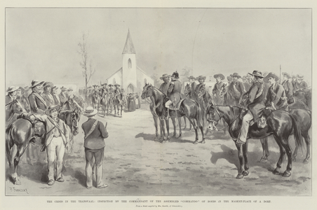 The Crisis in the Transvaal, Inspection by the Commandant of the Assembled "Commando" of Boers in the Market-Place of a Dorp (litho)