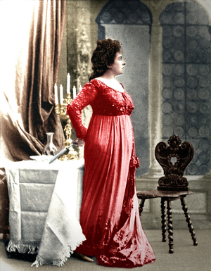 Giacomo Puccini's opera 'Tosca' with D'Arclée as Tosca (Romanian Soprano, 1860-1939, creator of Tosca role)  with dagger behind her back, Act III.  Italian composer, 1858-1924. Le Théâtre, 1900.