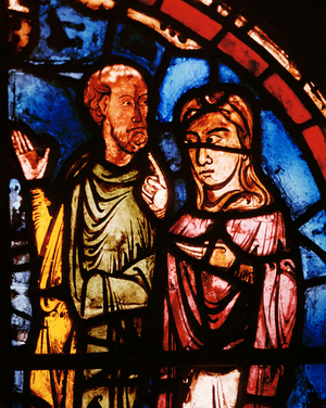 Noah and his wife boarding the Ark (stained glass)