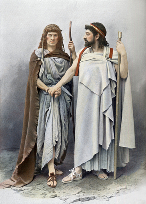 Comedians Paul Mounet (1847-1922) and Jean Sully Mounet aka Mounet-Sully (1841-1916) in play "Oedipus Rex" at Comedie Francaise, Paris, photo from french paper "Le Theatre" october 1901