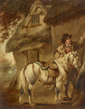 Man with Pony outside a Cottage