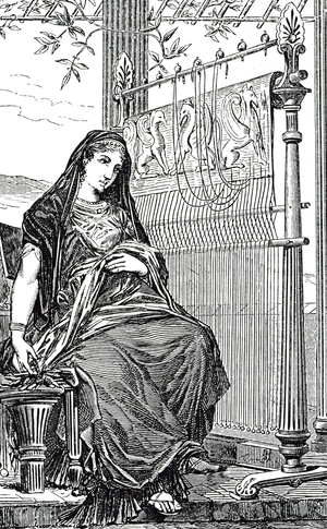 Illustration of Penelope weaving. Adapted from Odysseus and Penelope by Francesco Primaticcio (1563). In Homer's Odyssey, Penelope was the wife of Odysseus, who is known for her fidelity to Odysseus while he was absent, despite having many suitors, 16th century