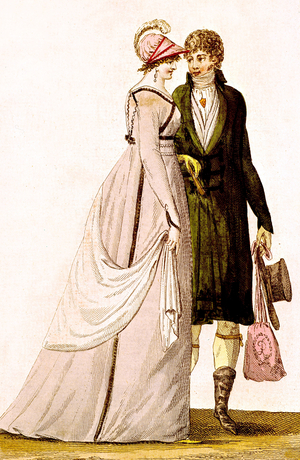 Men and women's fashion in France , at the time of the Directoire, 1795-1799, engraving