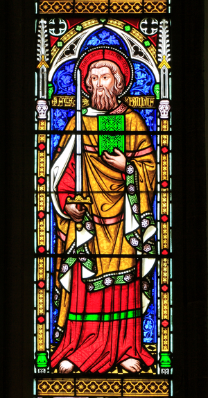 St. Paul, with sword, Stained glass window by William Wailes, 1853, Swaffham, Norfolk, England, UK