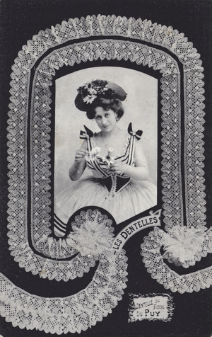 Portrait of woman in lace frame (b/w photo)
