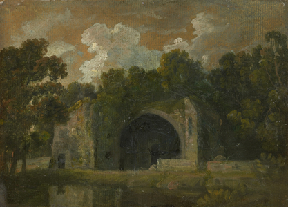 Ruins in a landscape (oil on beige laid paper, lined with Japanese tissue)