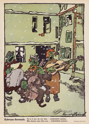 Musicians performing in the snow (colour litho)