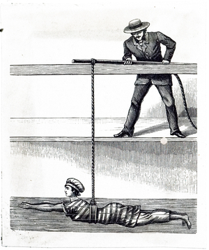 An engraving depicting a man teaching a woman how to swim. He has tied one end of a rope around her waist and the other around a pole which he holds up to keep the swimmer afloat, 19th century