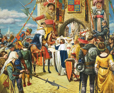 King Henry Vs triumphal return to London after his victory at Agincourt (gouache on paper)