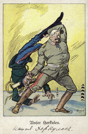 Our Hercules. World War I cartoon depicting German Field Marshal Paul von Hindenburg defeating a Russian enemy, 1916 (colour litho)