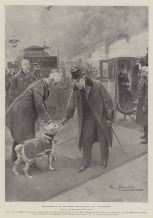 King Edward VII and the Railway Collecting-Dog "Tim" at Paddington (litho)