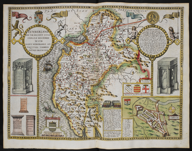 Cumberland and the ancient citie Carlile described with many memorable antiquities therein found observed A.D. 1610. A map of Cumberland; inset, Carlisle