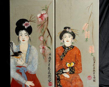 Qing Dynasty women with Butterfly and Song Dynasty Women with Fantail,2016,(acrylic on canvas)